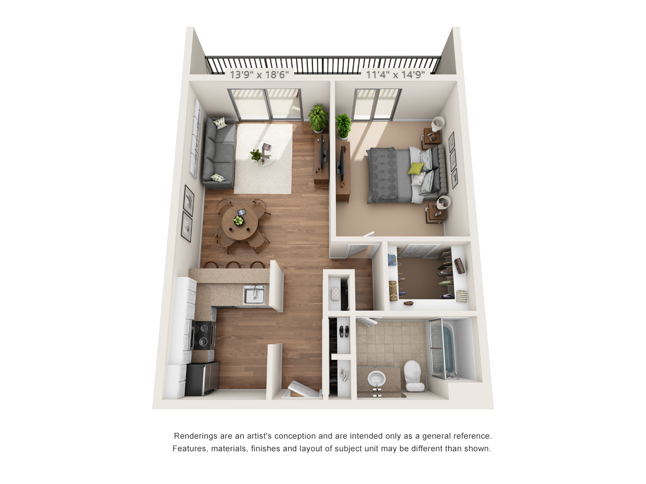 Floor plan for 1 bed, 1 bath, 830 sqft